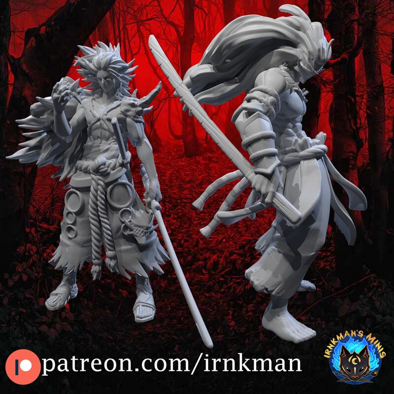 Ghostblade with Spirit from Irnkman Minis. Total heights apx. 54mm and 67mm. Unpainted resin miniatures